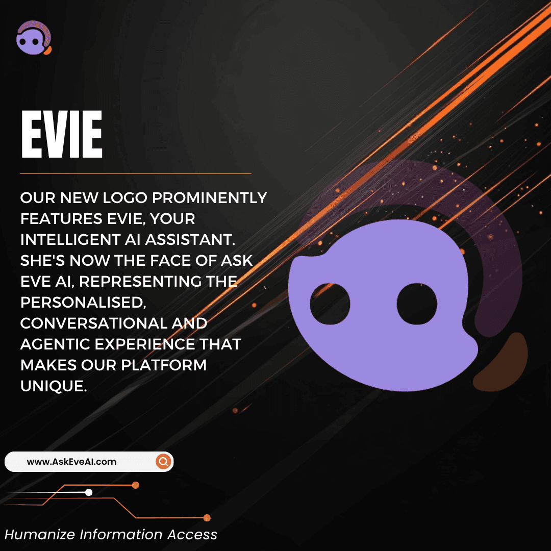 Evie's new purple abstract face logo for an intelligent AI assistant platform.