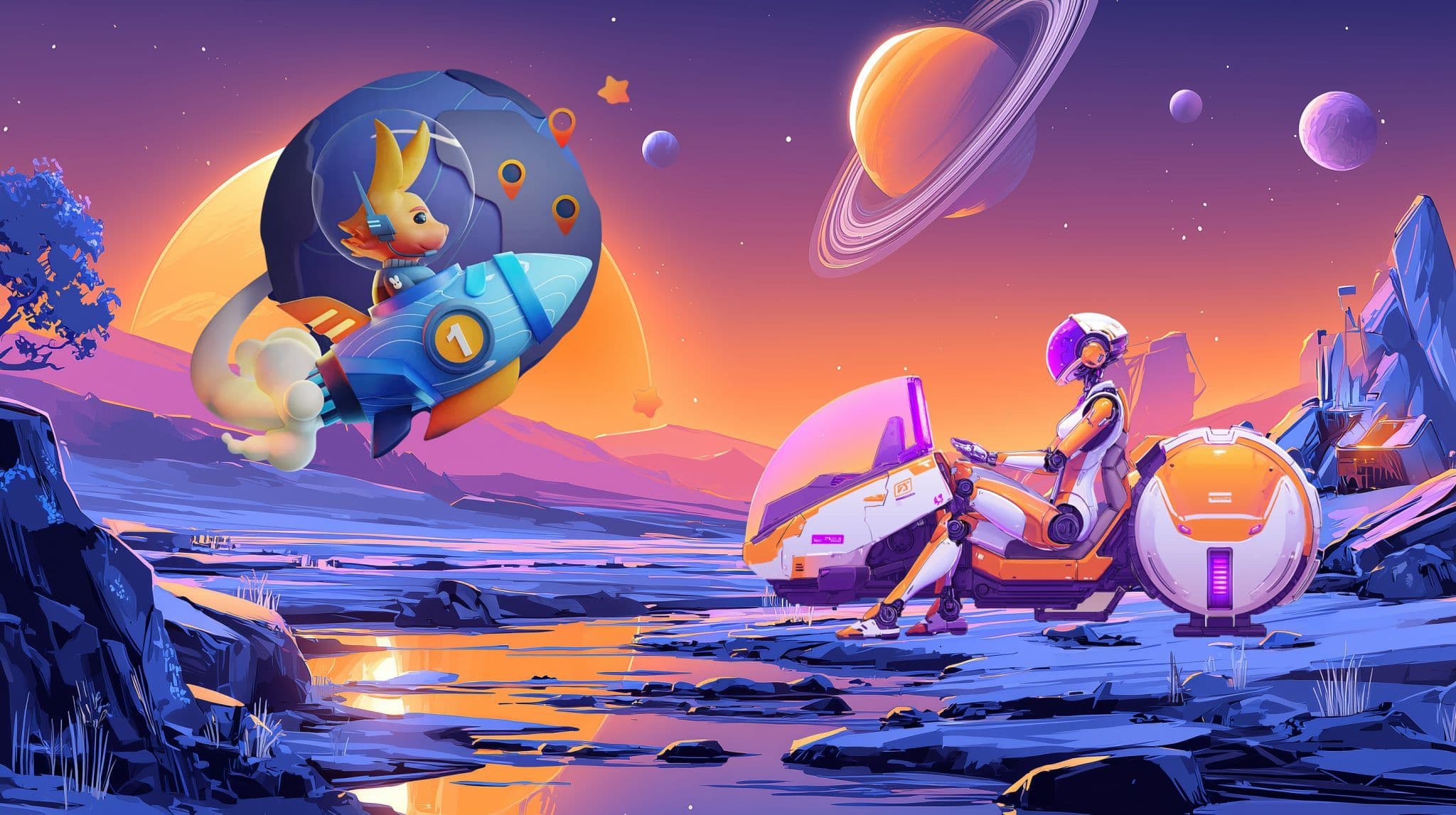 Robot on a futuristic vehicle and a cartoon fox in a rocket fly over an alien planet.